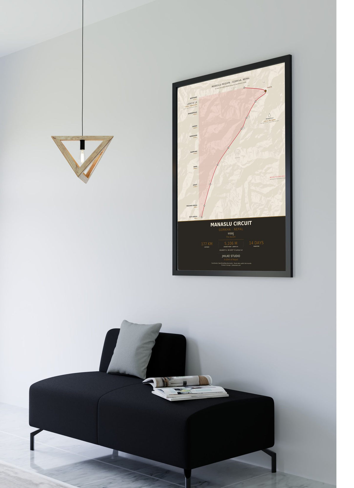 Manaslu Circuit Trek Map Print (light) — framed poster, second scene